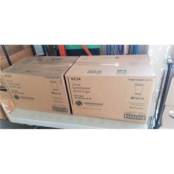 2 CASES OF 600 GREENWARE DRINK CUPS, 24 SEEVES OF 25 PER BOX