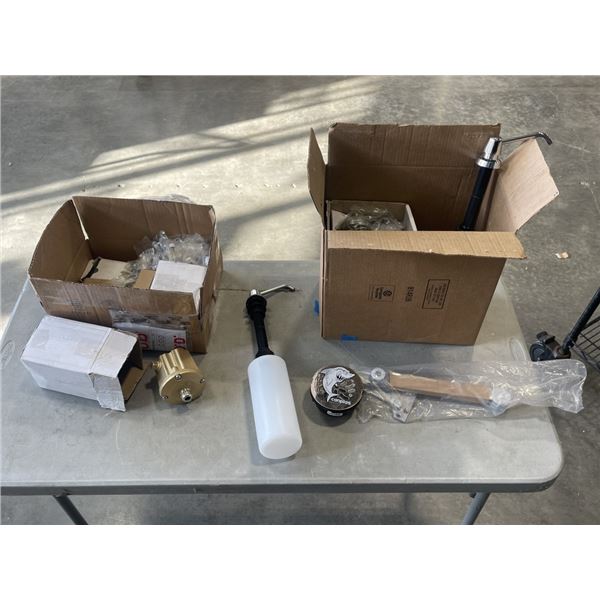ASSORTED NEW DOOR HARDWARE, JUNCTION BOXES, NEW SOAP DISPENSERS, DOOR HARDWARE ETC