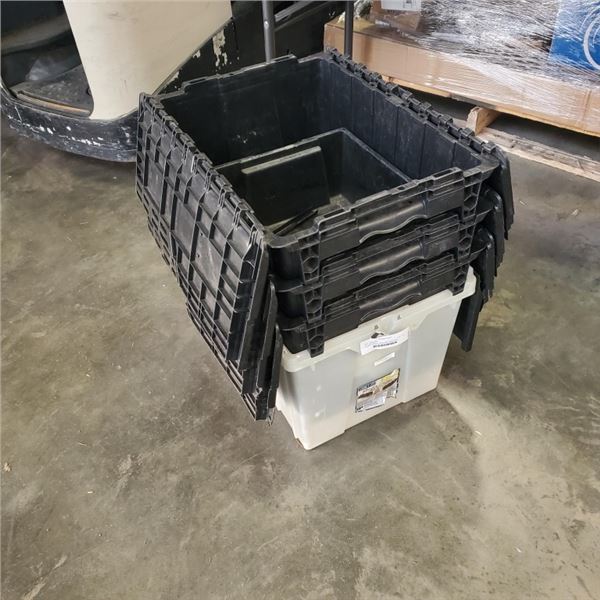 LOT OF STORAGE BINS AND TRASH BINS