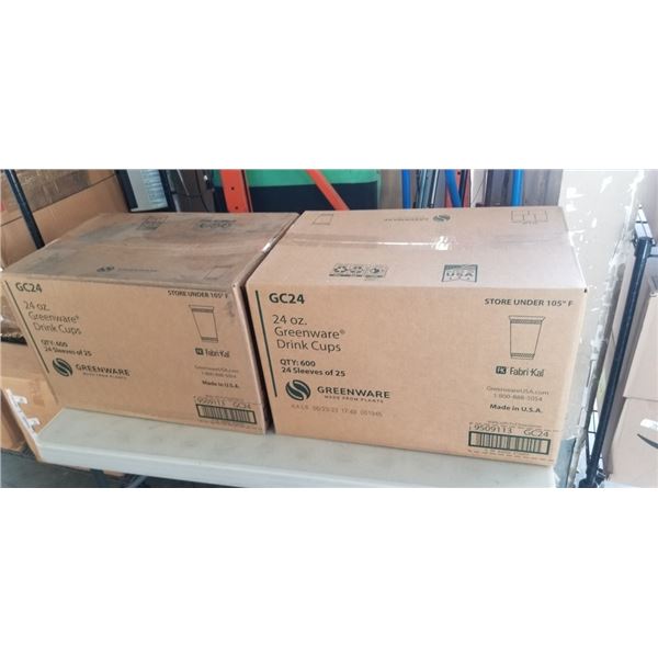 2 CASES OF 600 GREENWARE DRINK CUPS, 24 SEEVES OF 25 PER BOX