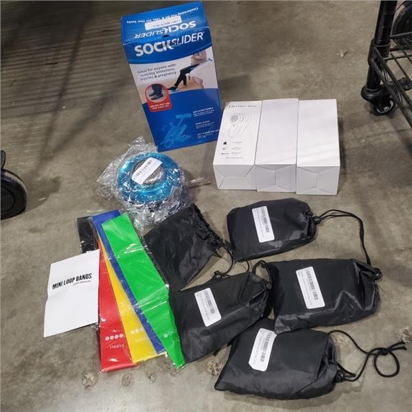 SOCK SLIDER, FABRIC SHAVERS, RESISTANCE BANDS AND STAINLESS SINK STRAINERS