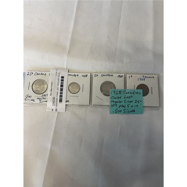 1968 CANADIAN COINS LAST REGUAR ISSUE SILVER 25 CENT AND 10 CENT PLUS 5 CENT AND 1 CENT .800 SILVER