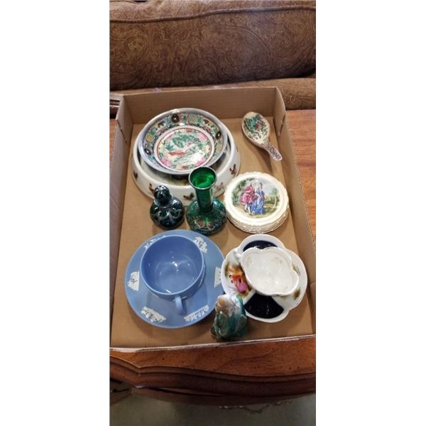 COLLECTION OF ANTIQUE CHINA AND COLLECTIBLES INCLUDING EASTER PEWTER RIMMED HAND PAINTED BOWL, WEDGE