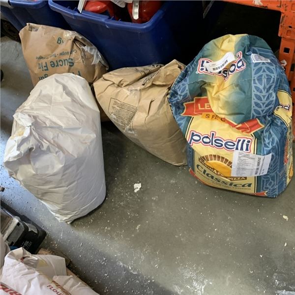 2 20KG BAGS OF FLOUR, 1 BAG OF SUGAR AND 1 BAG OF BREADCRUMBS