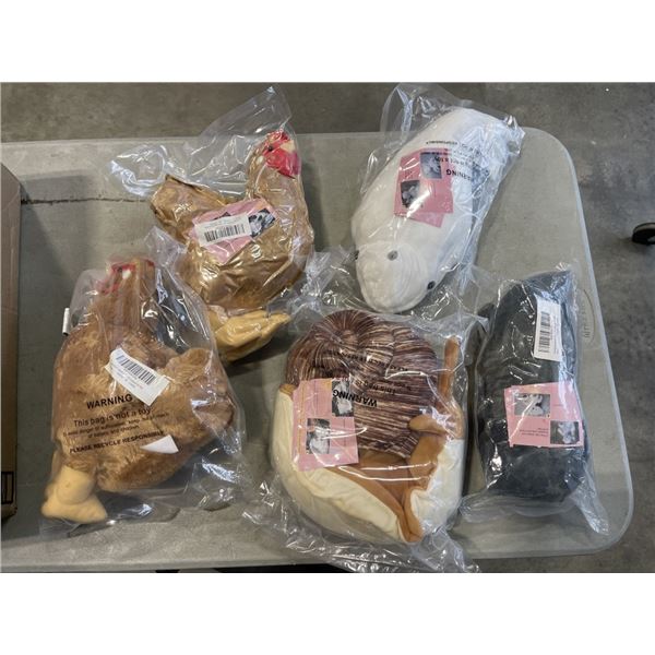 5 ASSORTED PLUSH ANIMALS, CHICKEN, SNAIL AND MORE