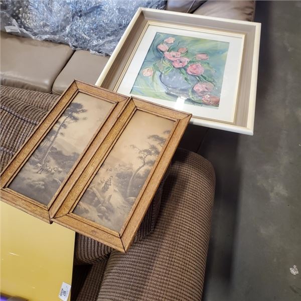 3 ANTIQUE PICTURES, FLORAL AND TWO FAMR SCENES