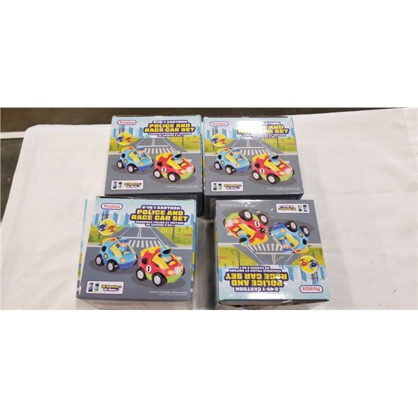 4 PREXTEX 2 IN 1 CARTOON POLICE AND RACE CAR SETS