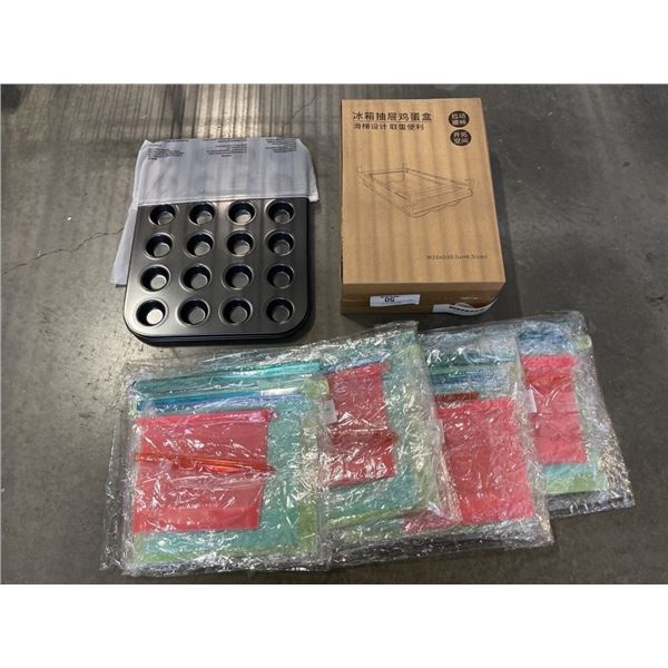 4 NEW SETS OF 3 SILICONE FOOD STORAGE LUNCH BAGS, RESEALABLE, NEW FRIDGE MOUNT EGG HOLDER AND MUFFIN