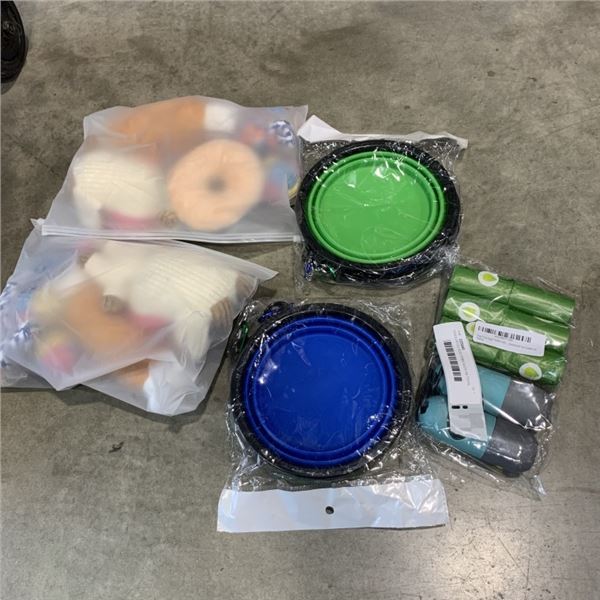 DASSORTED DOG ITEMS SUCH AS TOYS, BELLS AND WASTE BAGGIES WITH LED LIGHT AND MORE