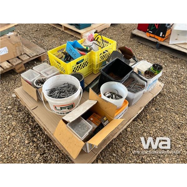 PALLET OF NAILS, SCREWS, ASSORTED TOOLS