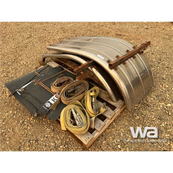 (2) STEEL TRUCK FENDERS, MUDFLAPS, (4) STRAPS
