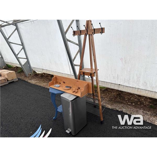 TRIPOD COAT RACK, GARBAGE CAN
