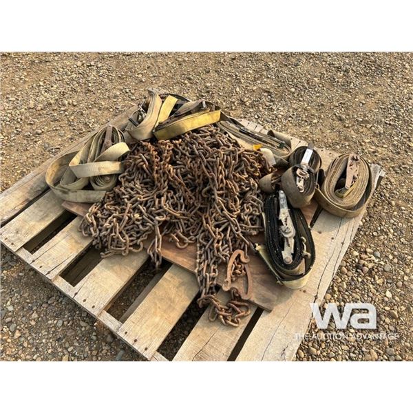 PALLET OF 11R24.5 TIRE CHAINS, RATCHET STRAPS