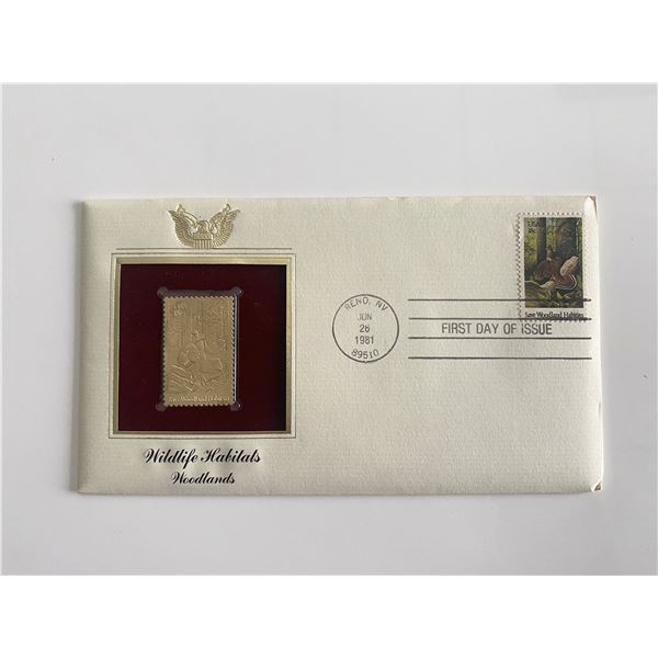 Wildlife Habitats Woodlands Gold Stamp Replica First Day Cover