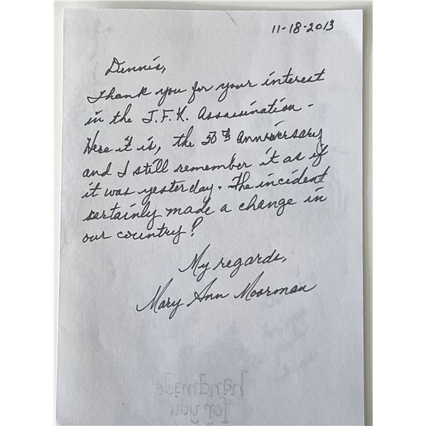 JFK assassination witness Mary Ann Moorman signed note