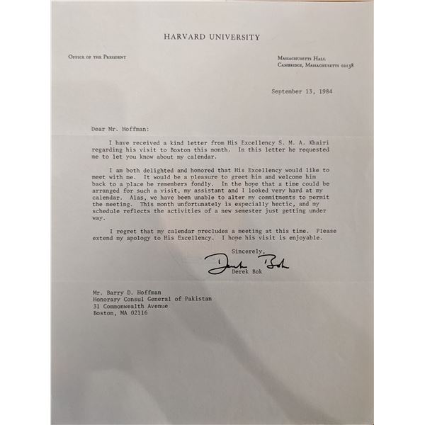 Harvard President Derek Bok Signed Letter