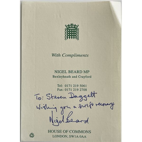 Member of Parliament Nigel Beard signed note