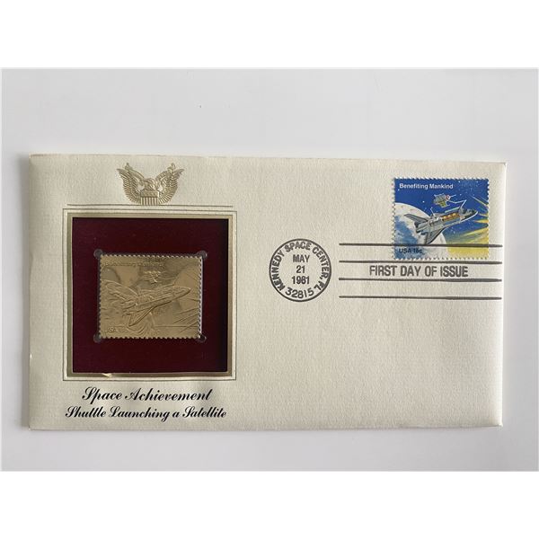 Space Achievement Shuttle Launching a Satellite Gold Stamp Replica First Day Cover
