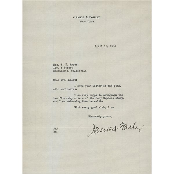 James A. Farley signed letter