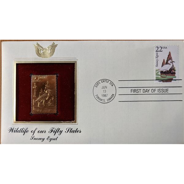 Wildlife of Our Fifty States Snowy Egret Gold Stamp Replica First Day Cover