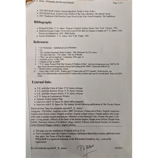 P.D. James Signed Bio Page