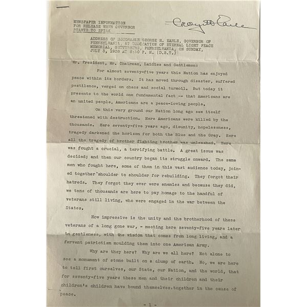 Gov. of Pennsylvania George H. Earle signed letter