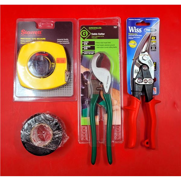 Greenline Cable Cutter, Compound Action Snips, Precision Tape Measure & Black Electrical Tape