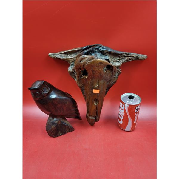 Deer Skull Shaped Drift Wood Folk Art Piece & Owl Decor