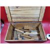 Image 2 : VTG Finger Jointed Storage Box Loaded w/ Assortment Of Measuring Sticks & Folding Rulers