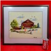 Image 1 : Framed VTG Hand Made Crewel Embroidery Mail Pouch Red Barn Country Scene Tobacco Advertising