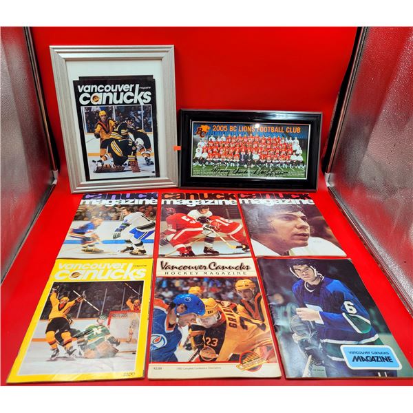 VTG Canucks Magazines (1 Framed) & Framed BC Lions Picture