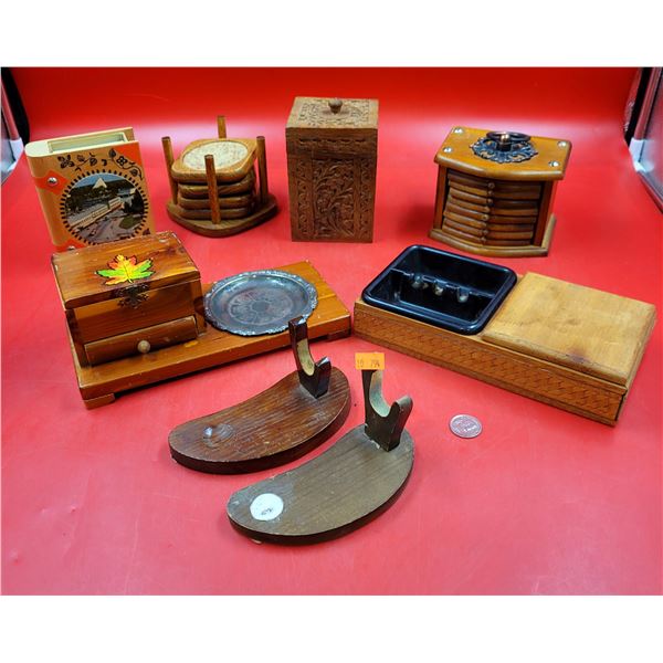 VTG Wooden Coasters, Cigar Holder, Matches & Cigarette Holder/Ashtrays