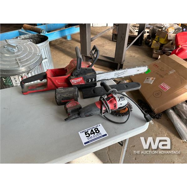 MILWAUKEE BATTERY CHAINSAW, ELECTRIC GRINDER, TAPE