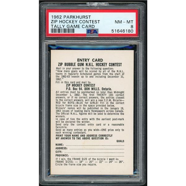 1962-63 Parkhurst Zip Entry Card (PSA 8)