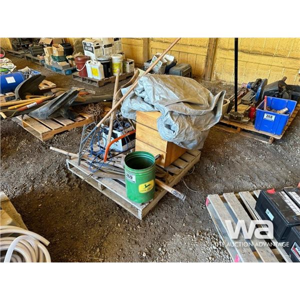HAY RAKE, SAW, HALTERS, TARP, HORSE TACK