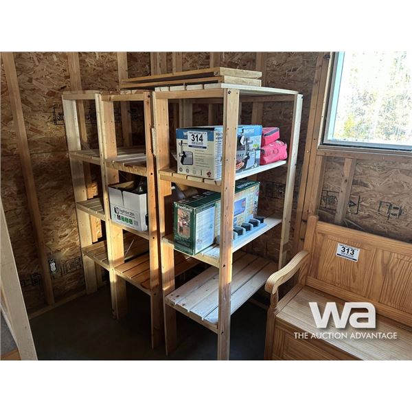 3 PIECE WOOD SHELVING & SAUSAGE MACHINE
