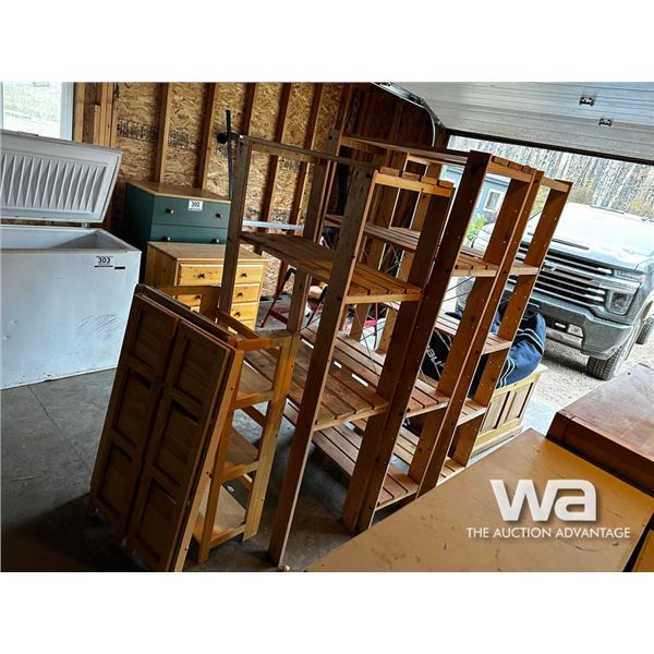 (4) WOODEN SHELVES, OFFICE CHAIR, BAUER BAG