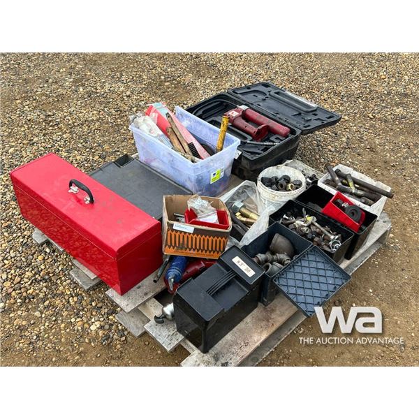 PALLET OF GREASE GUNS, NUTS, BOLTS, TOOL BOX