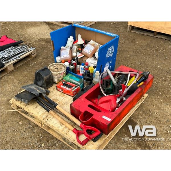RED OIL CHANGE TUB, GAS NOZZLES, (3) SHOVELS