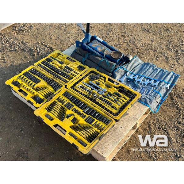 (2) STANLEY SOCKET SETS, WRENCH SET,FLOOR JACK