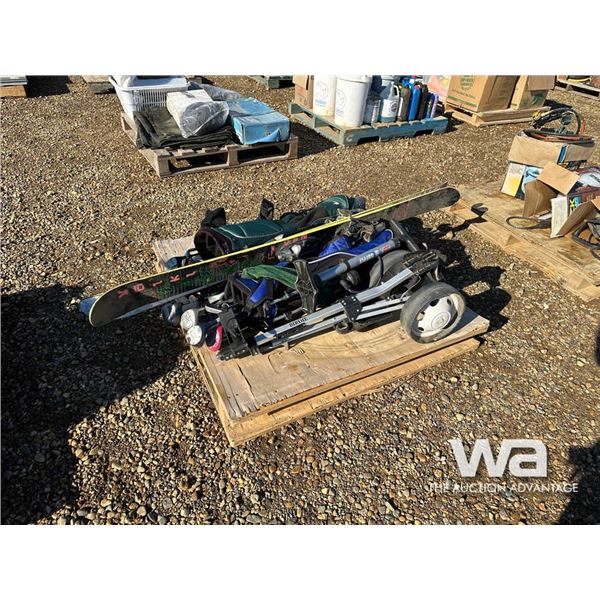 SKIS, (2) BAGS OF RIGHT HAND GOLF CLUBS, AIR PUMP