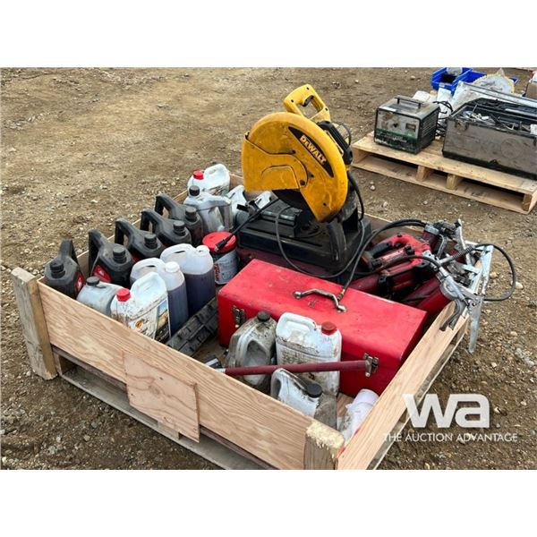 DEWALT CUTOFF SAW, OILS, RED TOOL BOX