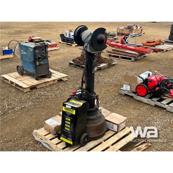 GRINDER ON STAND, 12V BATTERY CHARGER, BOLTS