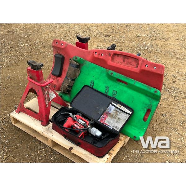 (2) SETS HD FLOOR JACK STANDS, CORDLESS GREASE GUN