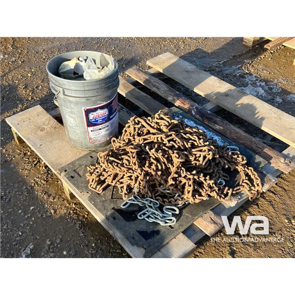 TIRE CHAINS, PAIL OF BOLTS & MISC.