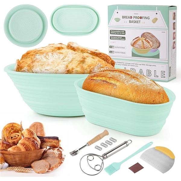 2PC Silicone Bread Proofing Basket Kit (Includes 9" Round Bread Pan & 10" Oval Pan) - New!