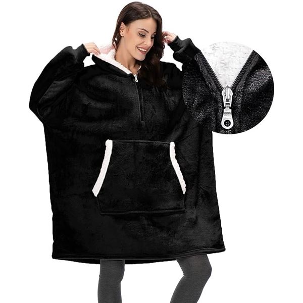 1 Fantaslook Oversized Wearable Hoodie Blanket- Quarter-Zip; Sherpa - Black - New (Vacuum Sealed)