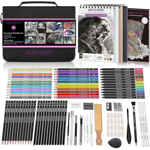 1 Hiforny 100PC Drawing & Sketching Set - Artist Quality/Professional Level Art Supply Set - New!