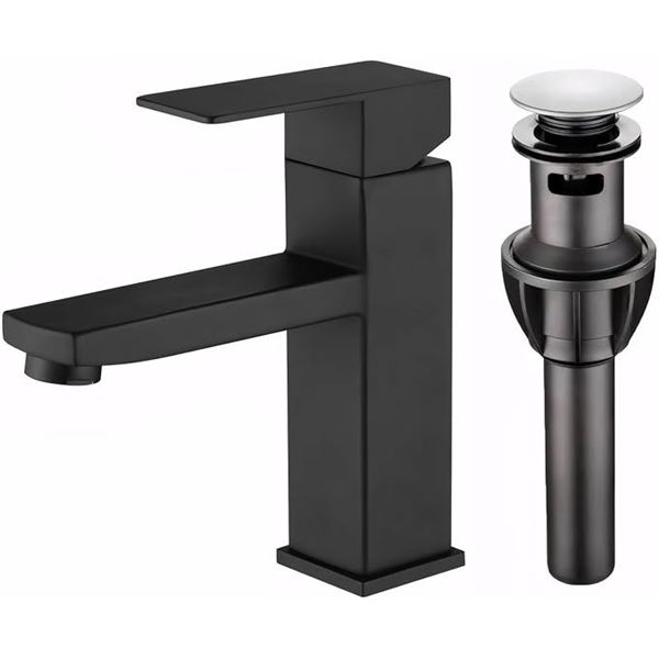 1 Bathroom Sink Single-Hole Faucet with Pop-Up Drain - Black Modern Design - New in Box