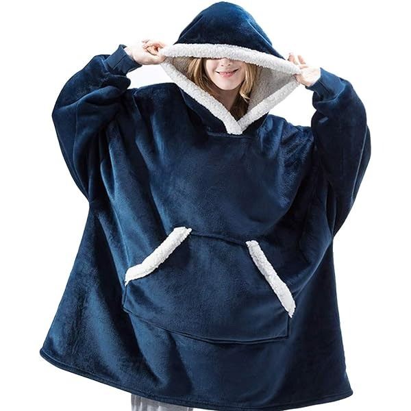 1 Fantaslook Oversized Wearable Hoodie Blanket- Quarter-Zip; Sherpa - Blue - New (Vacuum Sealed)